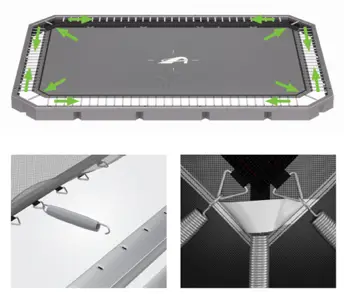 A detailed view of a trampoline highlighting its different parts, such as the frame, springs, and jumping surface.